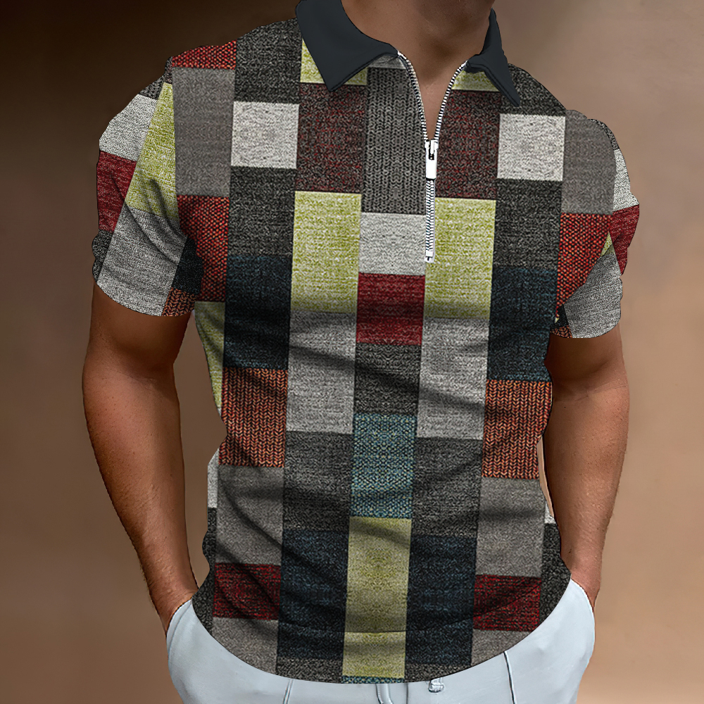 Men's Polos 3d Print Graphic Square Men'S Zip Polo 2023 Caucal Stripes Lapel Shirt Man Simple Golf Short Sleeves Top Men Clothing 230721