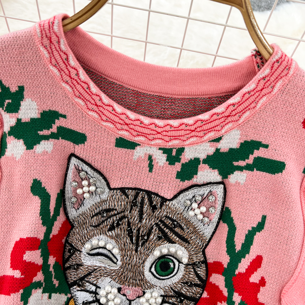 Women's Sweaters Harajuku Diamonds Beaded Cat Bow Embroidery Sweater Women's Ruffles Flower Jacquard Cartoon Pullover Jumper Crop Tops
