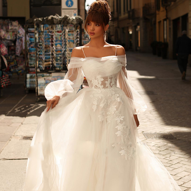 A-Line Wedding Dresses Off The Shoulder Puff Sleeve Bridal Dresses Spaghetti Strap Boho Wedding Bride Vestido de Novia