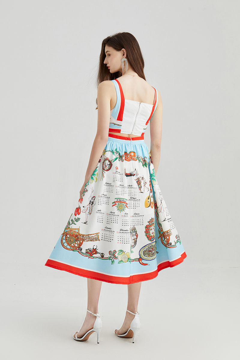 Two Piece Dress Fashion Runway Summer Holiday Skirts Suit Women Short Spaghetti Strap Camis Corset Top and Fruit Print Skirts 2 Pieces Set 2023