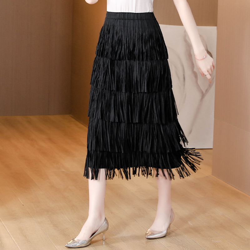 Skirts Miyake Solid Color Fringe Boydcon Pleated Tassel Skirts High Waist Women Stretch Midi Length Ladies 5 Layers Cake Faldas Mujer 2024