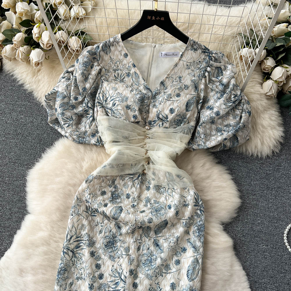 Basic Casual Dresses Women Embroidery Dress Festa High Quality Long Blue Wedding tail Party Robe Designer Lace Splicing Vestidos 2023