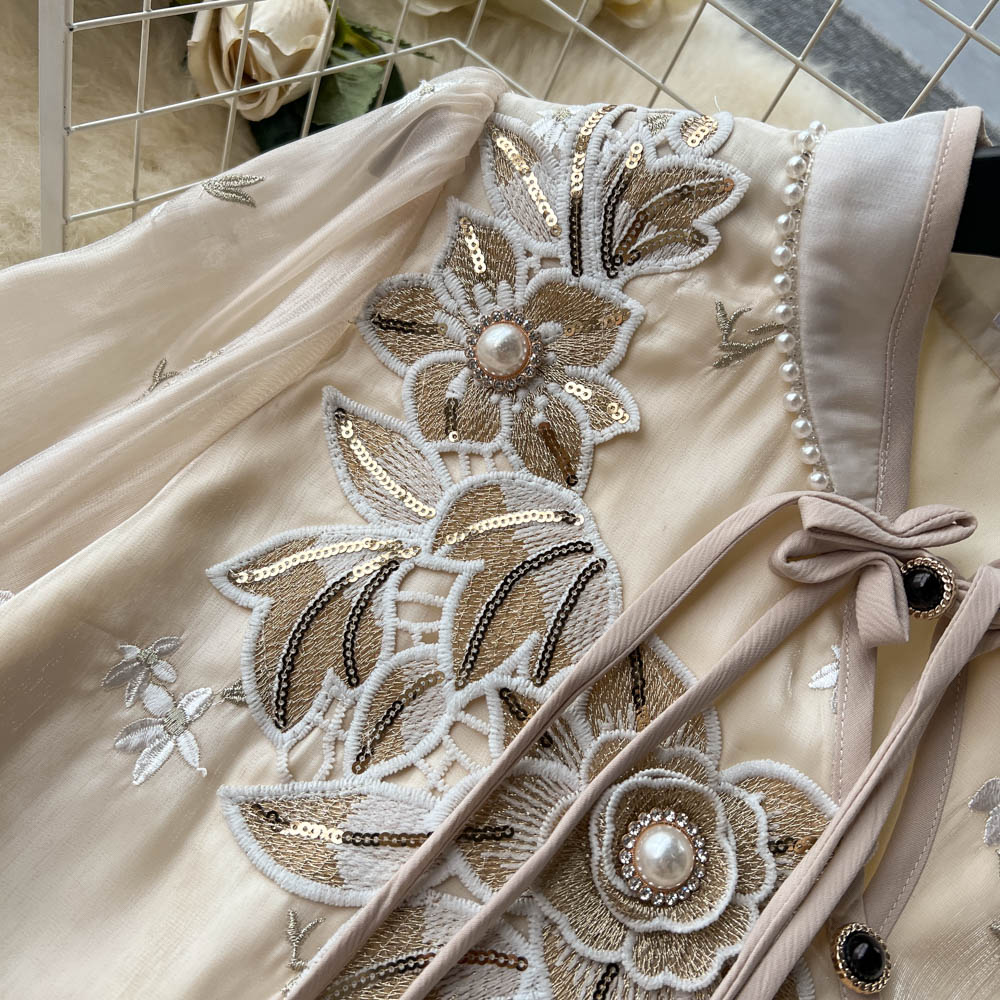 Two Piece Dress Vintage Haute Couture Outfits Women Flower Embroidery Pearls Beading Bow Blouse Top + Single Breasted Midi Skirt Two Piece Set 2023