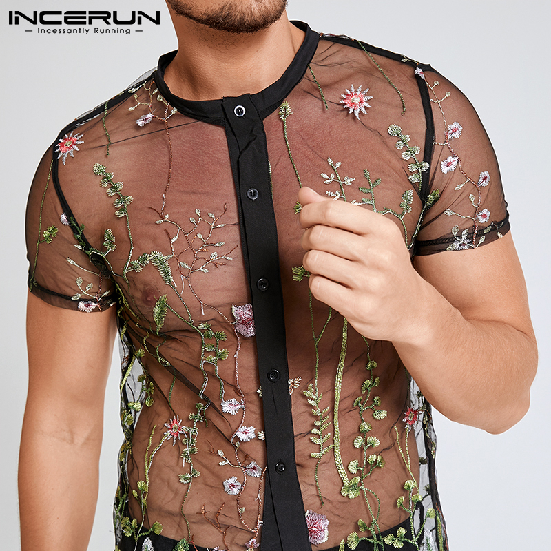 Men's Casual Shirts Fashion Men Mesh Shirts Embroidered Short Sleeve Sexy See Through Tops Button Breathable Party Nightclub Shirts INCERUN 5XL 2
