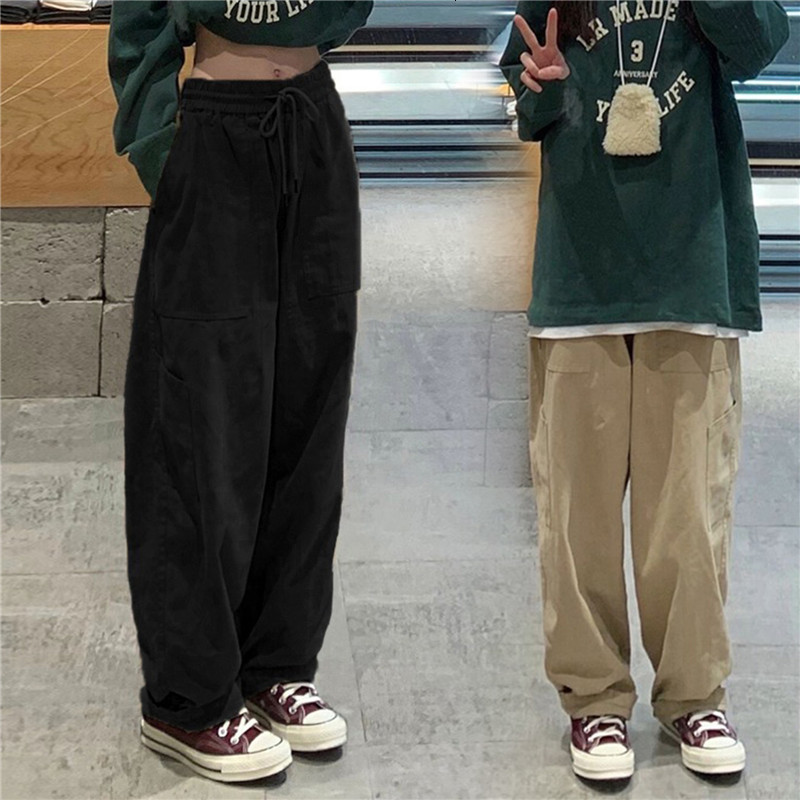 Women's Pants Capris Women Vintage Cargo Pants Harajuku Hip-Hop Solid Color Wide Leg Pants Streetwear Female Casual Drawstring Baggy Pants 230721