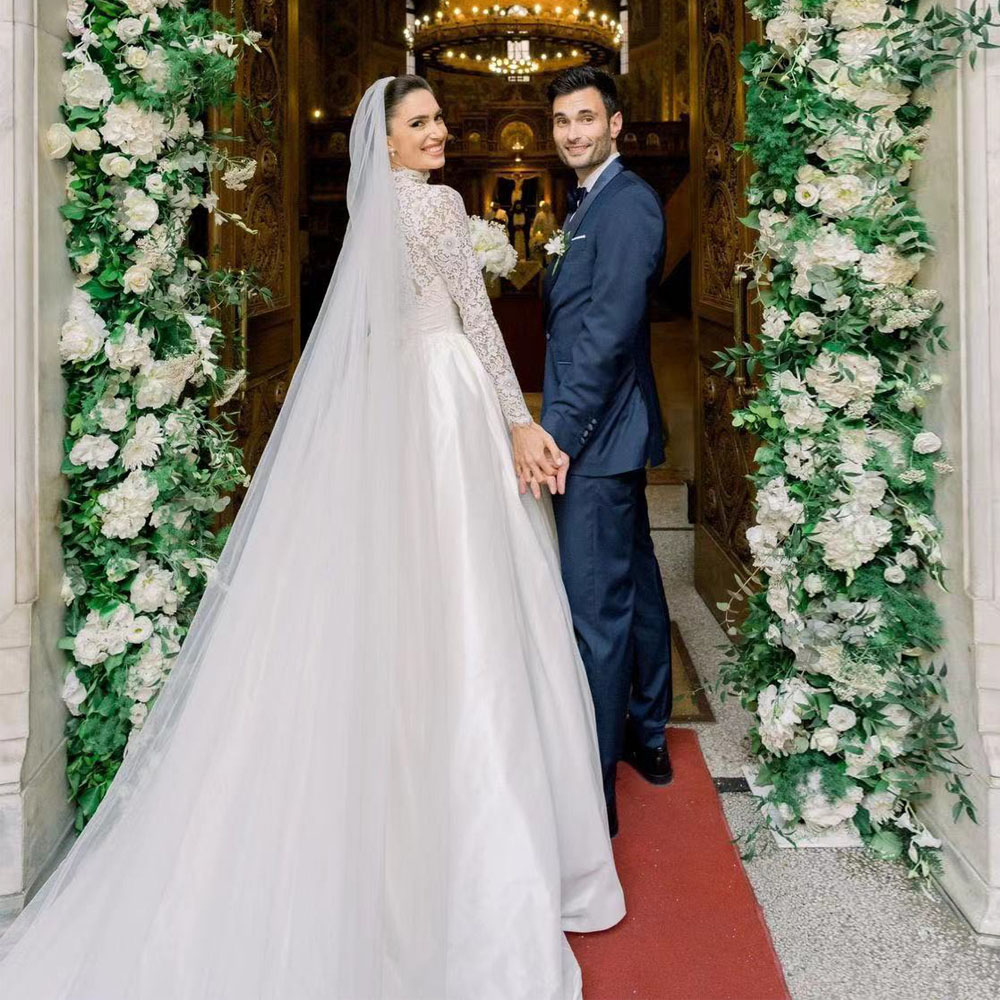 Elegant Lace Top Church A Line Wedding Dresses High Neck Long Sleeve Bridal Gowns Pleat Princess Muslim Wedding Dress