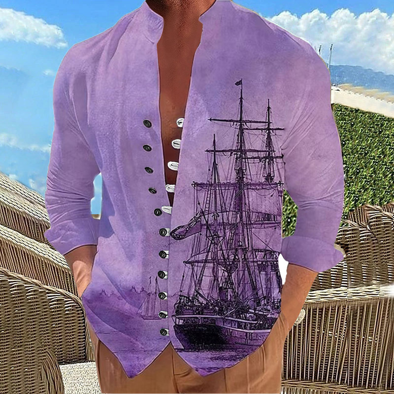 Men's Casual Shirts Casual Men Shirts Fashion Sailboat Print Button Long Sleeve Shirt Fashion Stand-Up Collar Loose Men's Shirts Streetwear 