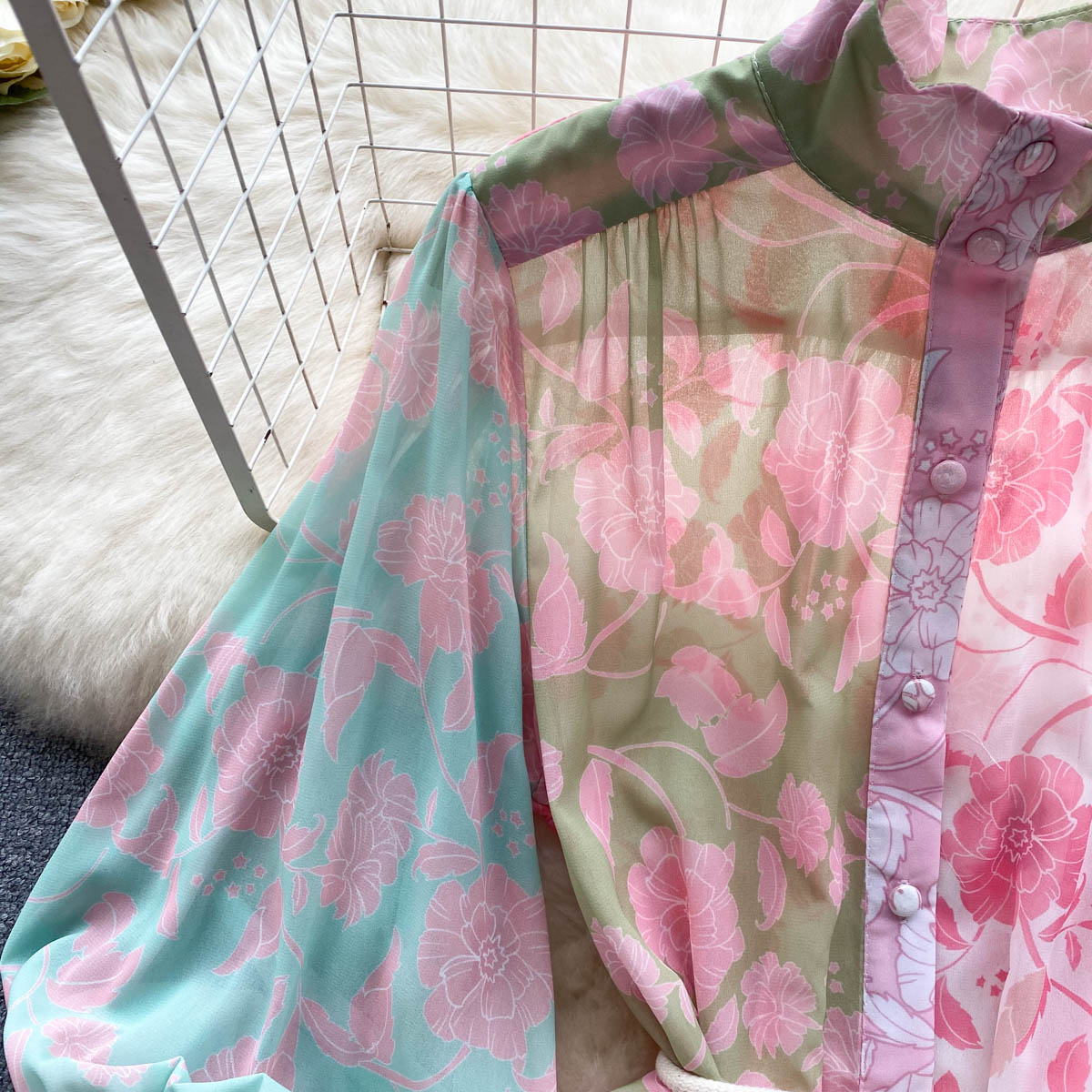 Basic Casual Dresses Summer Runway Vintage Stand Collar Long Lantern Sleeve Chiffon Dress Women's Flower Print Belt Loose A-Line Maxi Vestidos 20