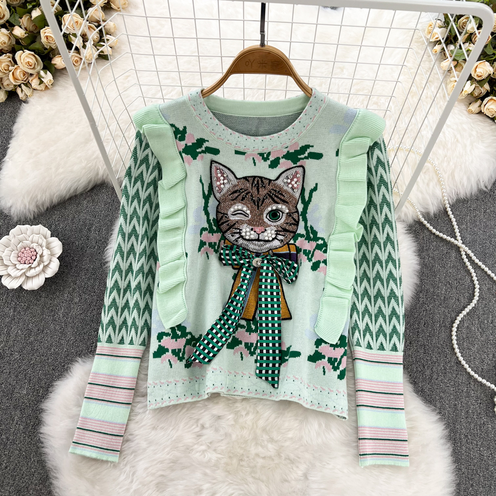 Women's Sweaters Harajuku Diamonds Beaded Cat Bow Embroidery Sweater Women's Ruffles Flower Jacquard Cartoon Pullover Jumper Crop Tops