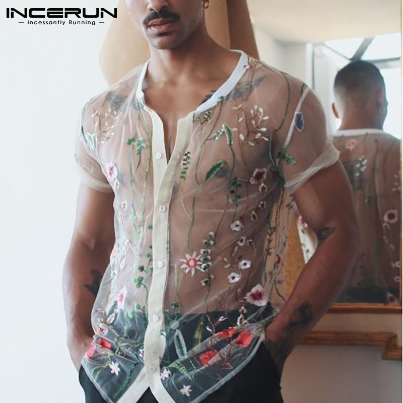 Men's Casual Shirts Fashion Men Mesh Shirts Embroidered Short Sleeve Sexy See Through Tops Button Breathable Party Nightclub Shirts INCERUN 5XL 2