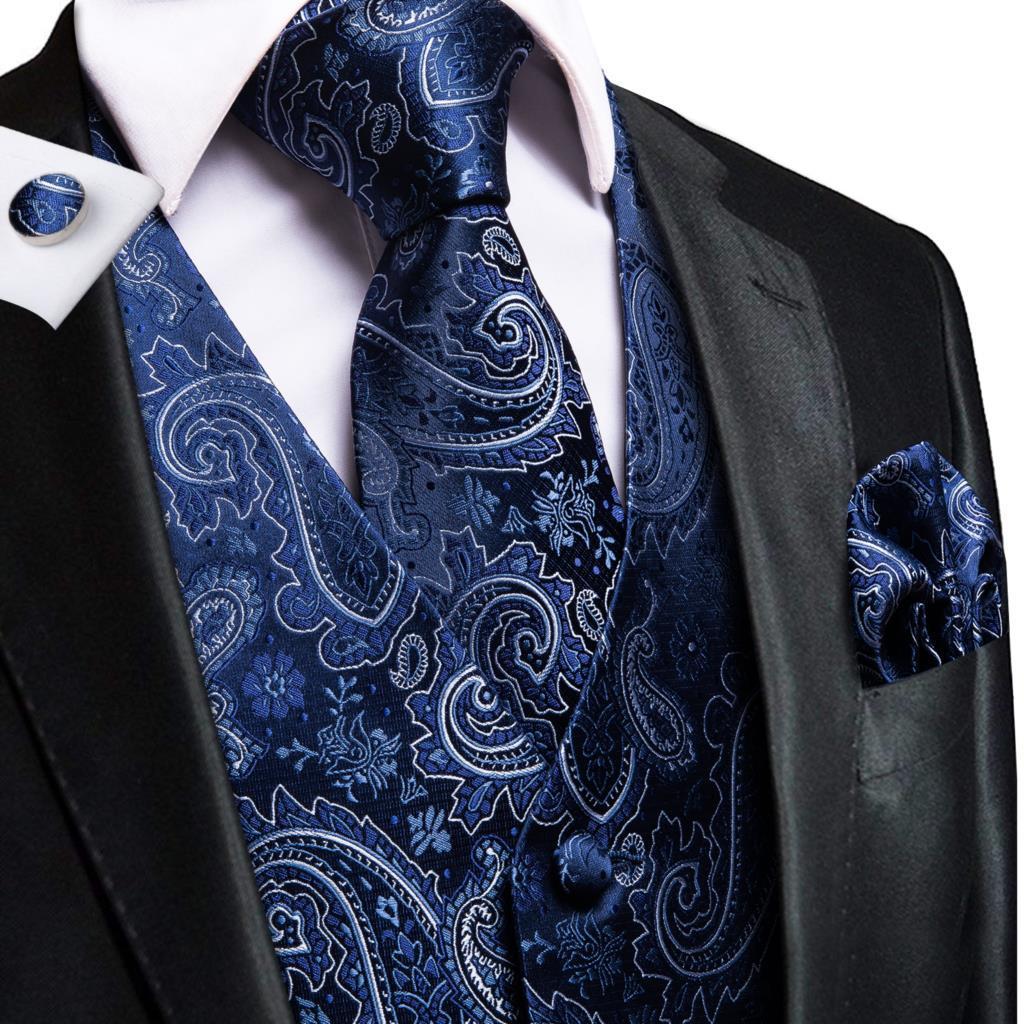 Men's Suits Blazers Hi-Tie 20 Color Silk Men's Vests Tie Business Formal Dress Slim Sleeveless Jacket 4PC Hanky Cufflink Blue Paisley Suit W