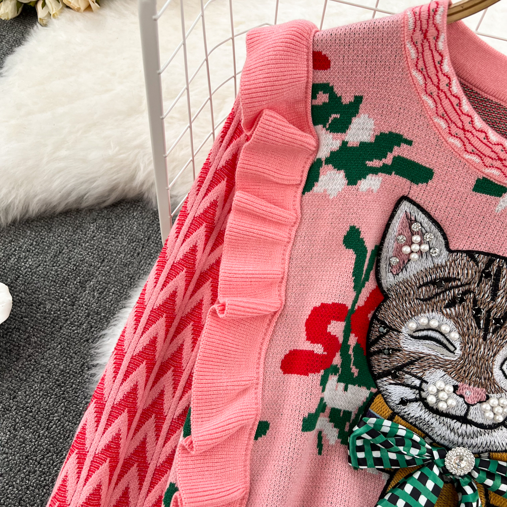 Women's Sweaters Harajuku Diamonds Beaded Cat Bow Embroidery Sweater Women's Ruffles Flower Jacquard Cartoon Pullover Jumper Crop Tops