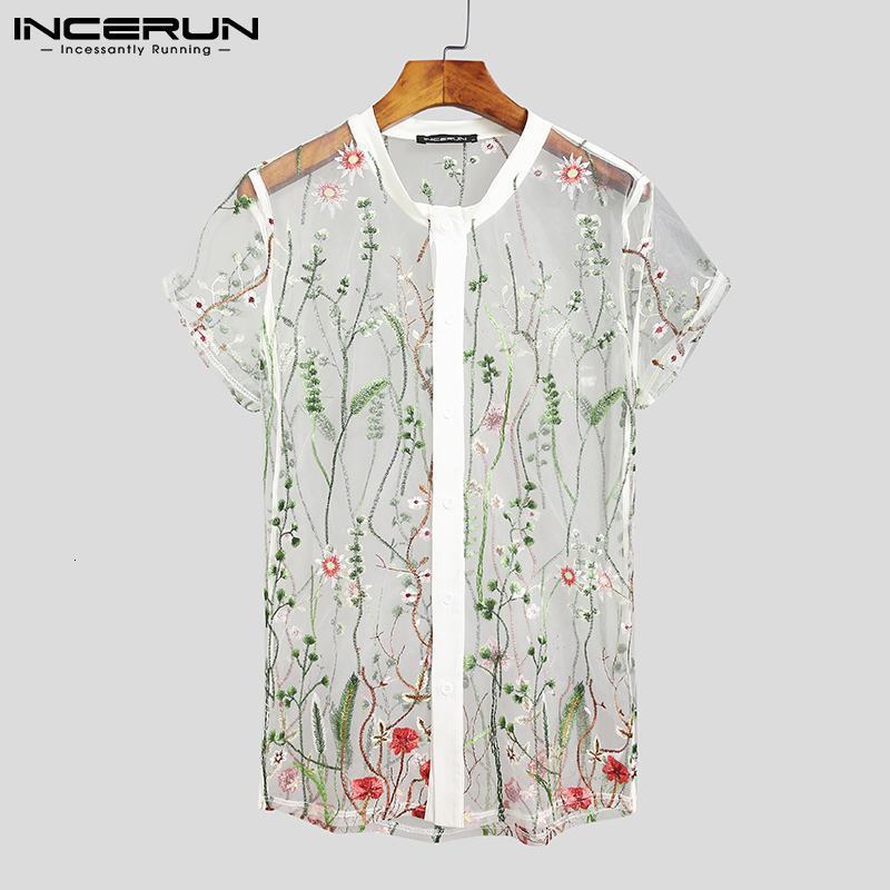 Men's Casual Shirts Fashion Men Mesh Shirts Embroidered Short Sleeve Sexy See Through Tops Button Breathable Party Nightclub Shirts INCERUN 5XL 2