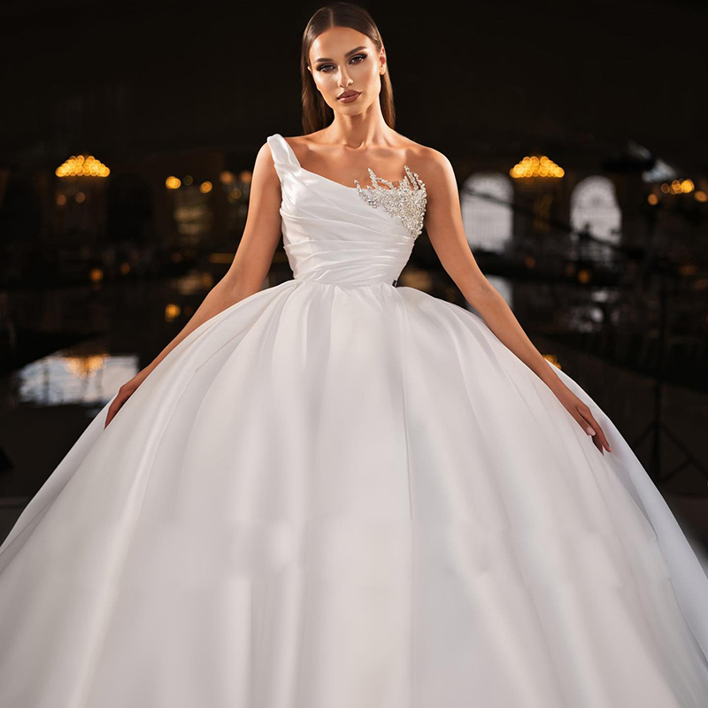 Wedding Dresses Princess One Shoulder Beadings Bridal Dress Draped Satin Ball Gown Vestidos De Novia