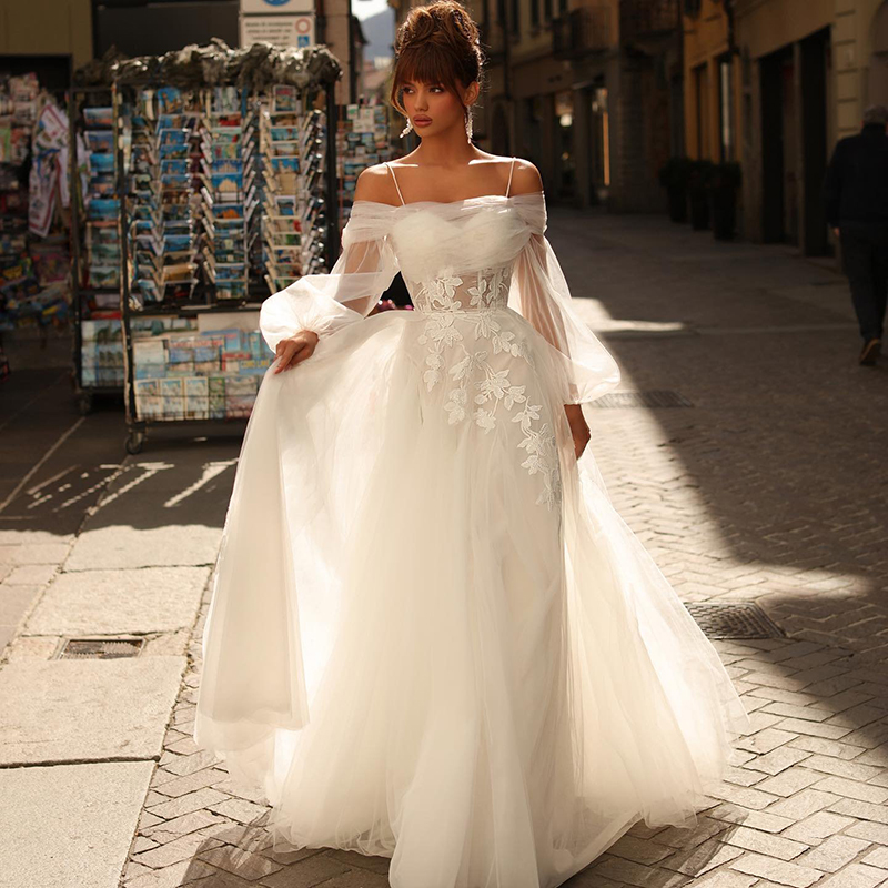 A-Line Wedding Dresses Off The Shoulder Puff Sleeve Bridal Dresses Spaghetti Strap Boho Wedding Bride Vestido de Novia