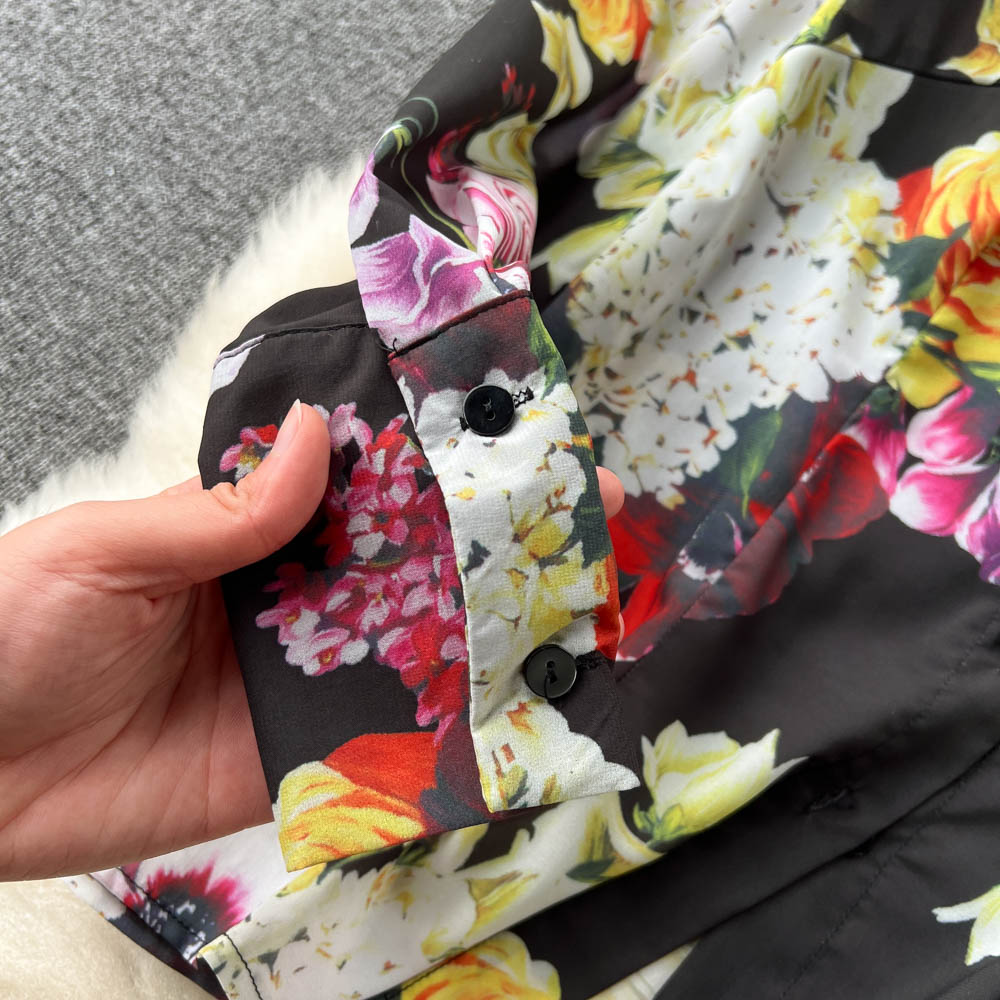 Two Piece Dress Summer Fashion Flower Print Two Piece Sets Women Long Sleeve Single Breasted Rose Shirt Top + Chiffon High Waist Maxi Skirt Suit 2023