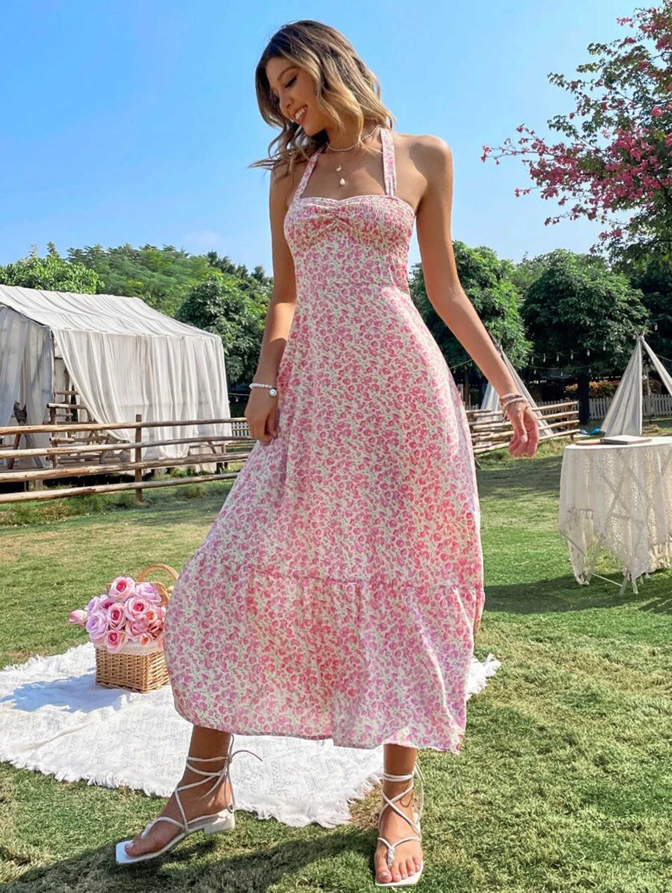 Pastoral Floral Dress Women French Elegant sleeveless Sling Spring and Summer New Sweet Long Dress
