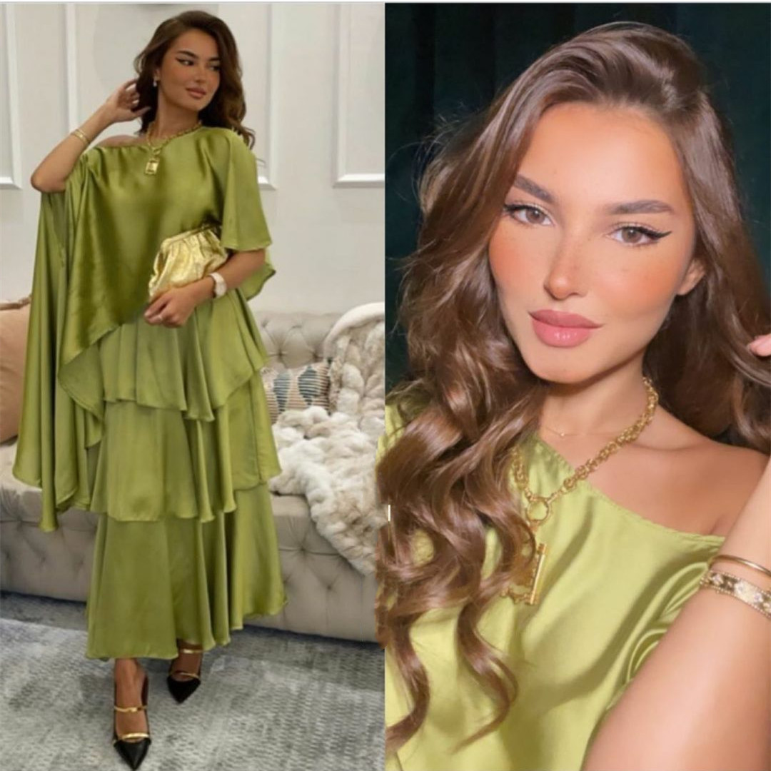 Elegant Long Green Satin Evening Dresses A-Line One Shoulder Ankle Length Zipper Back Muslim Tiered Formal Party Gown for Women
