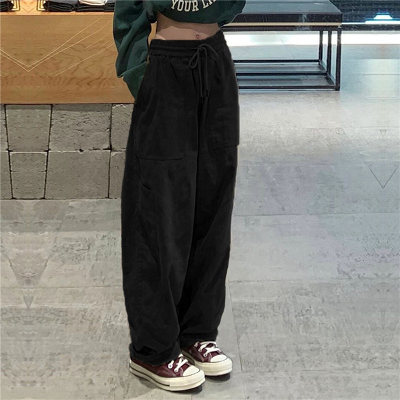 Women's Pants Capris Women Vintage Cargo Pants Harajuku Hip-Hop Solid Color Wide Leg Pants Streetwear Female Casual Drawstring Baggy Pants 230721
