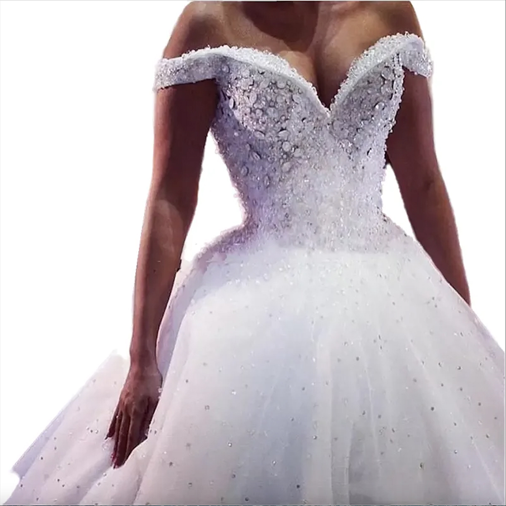 Luxurious Crystal A Line Wedding Dresses White Tulle Long Bridal Gowns Off The Shoulder Beads Lace Bride Dress Custom Made Castle Vestidos De Novia 04
