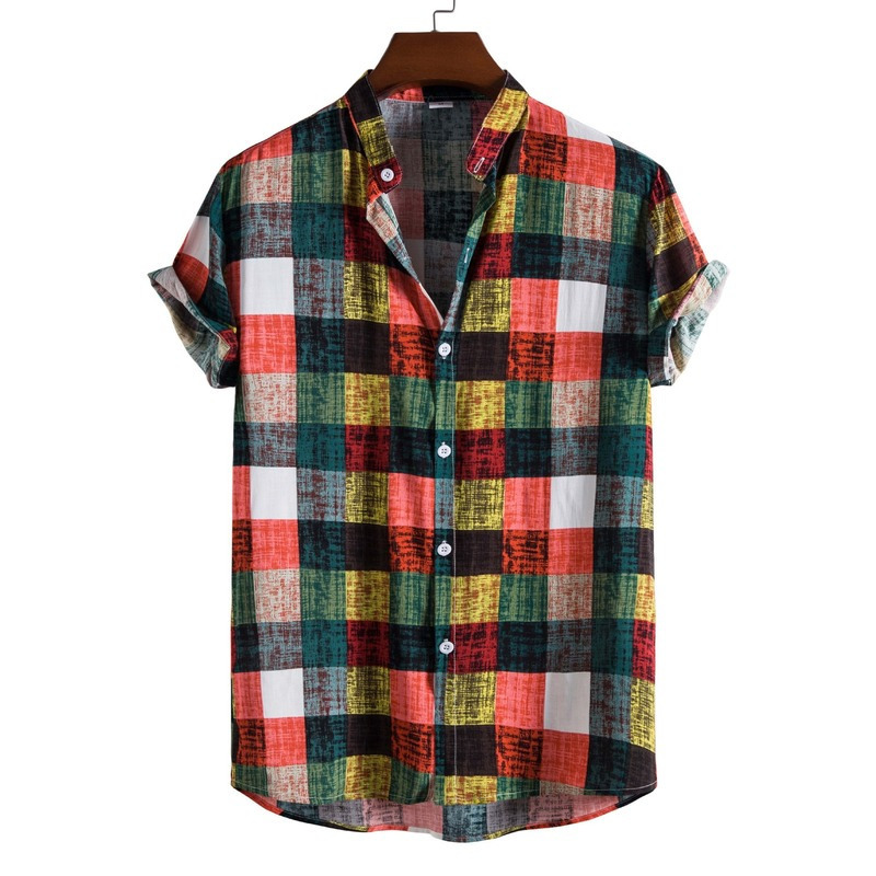 Men's Casual Shirts Men Clothing Summer Men's Fashion Trend Color Plaid Print Stand-up Collar Short-sleeved Shirt Camisas Para Hombre 230721