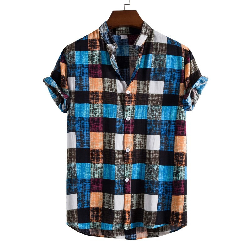 Men's Casual Shirts Men Clothing Summer Men's Fashion Trend Color Plaid Print Stand-up Collar Short-sleeved Shirt Camisas Para Hombre 230721