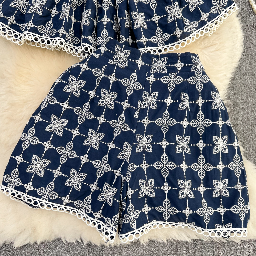 Women's Two Piece Pants Summer Vintage Cotton Flower Embroidery Two Piece Set Women Outfits O Neck Puff Sleeve Hollow Out Blouse Top + Wide Leg S