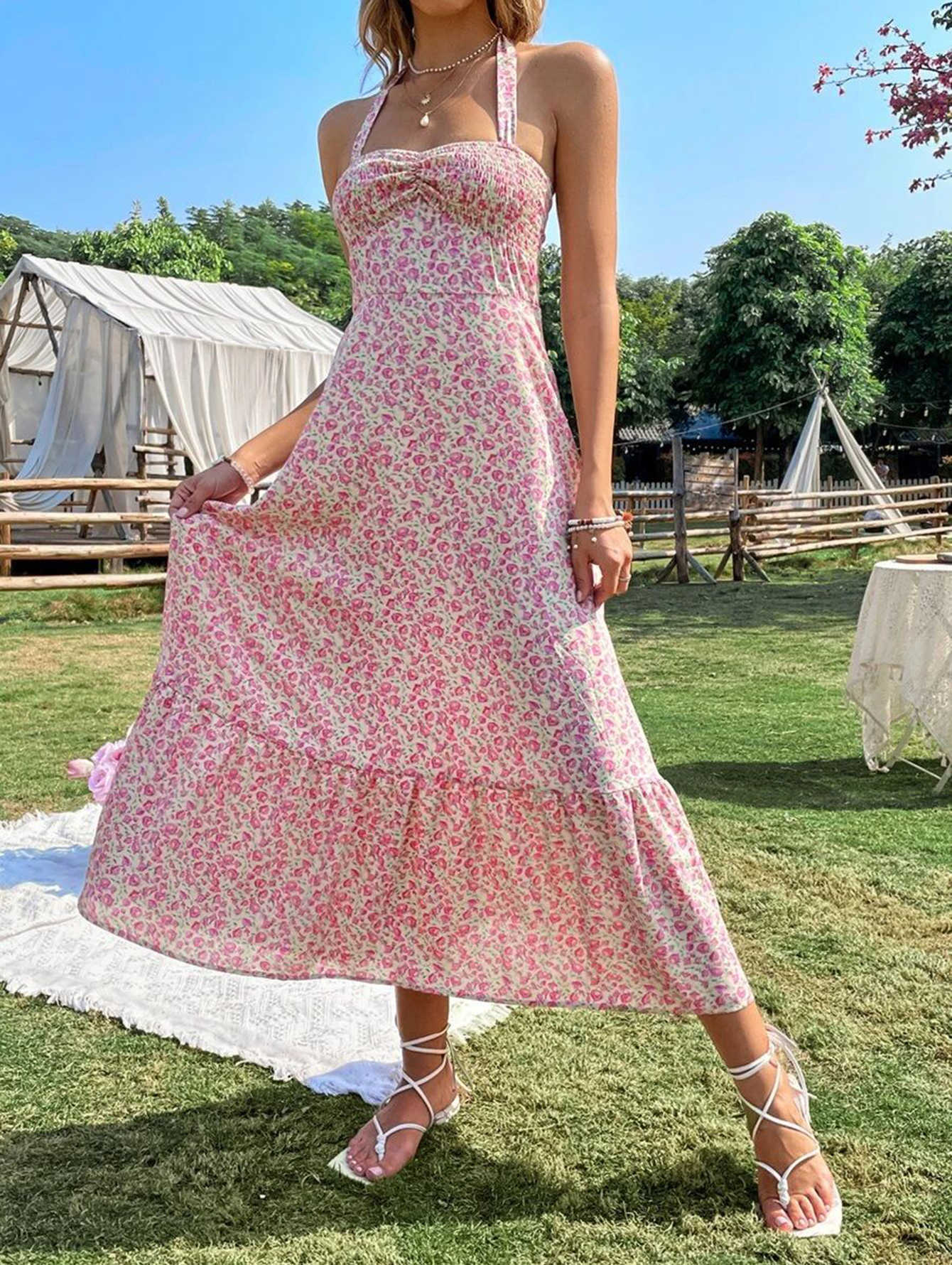 Pastoral Floral Dress Women French Elegant sleeveless Sling Spring and Summer New Sweet Long Dress