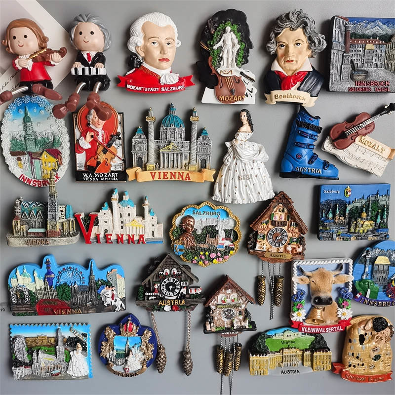 Fridge Magnets Austria Vienna Salzburg Innsbruck ISCHGL Tourist Souvenir Musician Mozart Beethoven Magnet Refrigerator Sticker Cuckoo Clock 230721