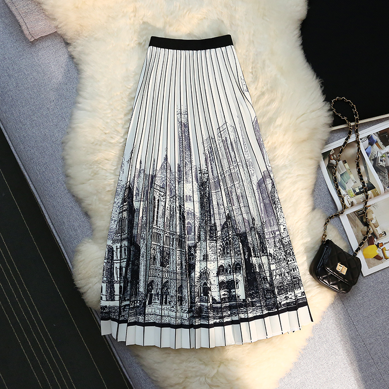 Skirts Summer New Fashion Draped Organ Pleated Skirts Womens Elastic High Waist Retro Abstract Color Print Mid Long Faldas Mujer 2023