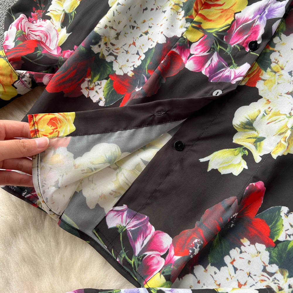 Two Piece Dress Summer Fashion Flower Print Two Piece Sets Women Long Sleeve Single Breasted Rose Shirt Top + Chiffon High Waist Maxi Skirt Suit 2023