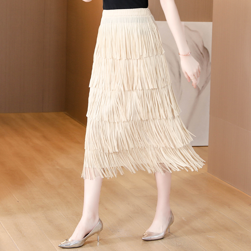 Skirts Miyake Solid Color Fringe Boydcon Pleated Tassel Skirts High Waist Women Stretch Midi Length Ladies 5 Layers Cake Faldas Mujer 2024
