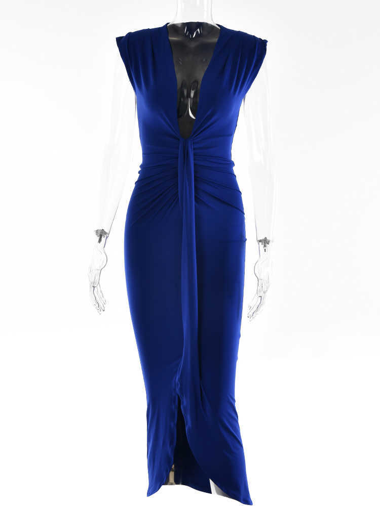 Deep V Neck Ruched Maxi Dress Women Summer Fashion Sleeveless Bodycon Irregular Bandage Side Split Tunic Dress Female