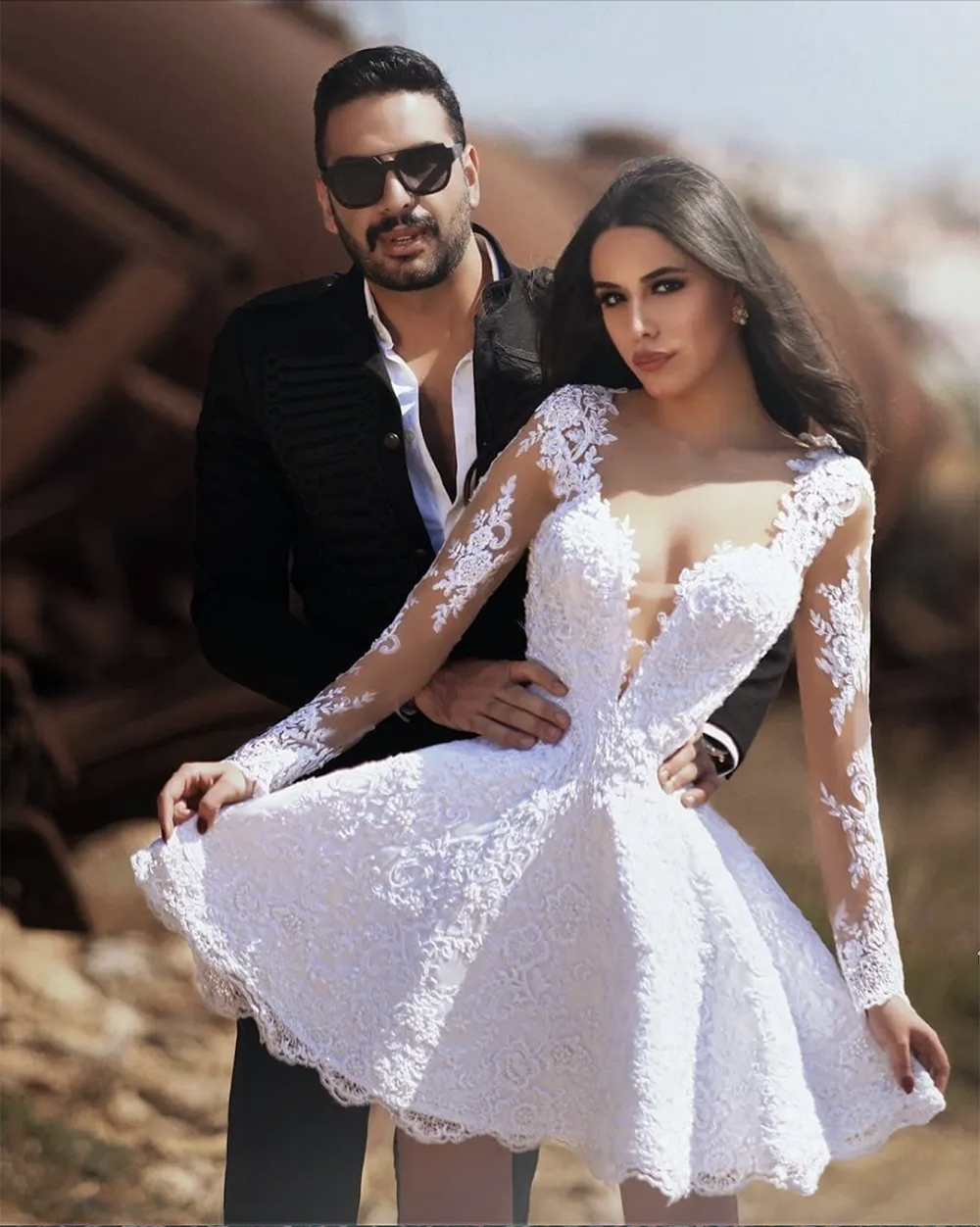 Fashion Long Sleeve Lace White Short Wedding Dress 2023 Sheer Neck Bride Dresses vestido corto de novia Plus Size Bridal Gowns