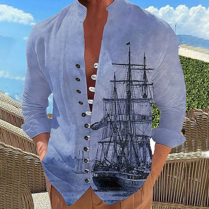 Men's Casual Shirts Casual Men Shirts Fashion Sailboat Print Button Long Sleeve Shirt Fashion Stand-Up Collar Loose Men's Shirts Streetwear 