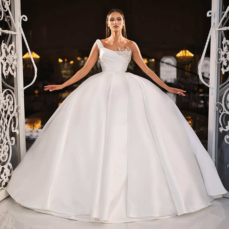 Wedding Dresses Princess One Shoulder Beadings Bridal Dress Draped Satin Ball Gown Vestidos De Novia
