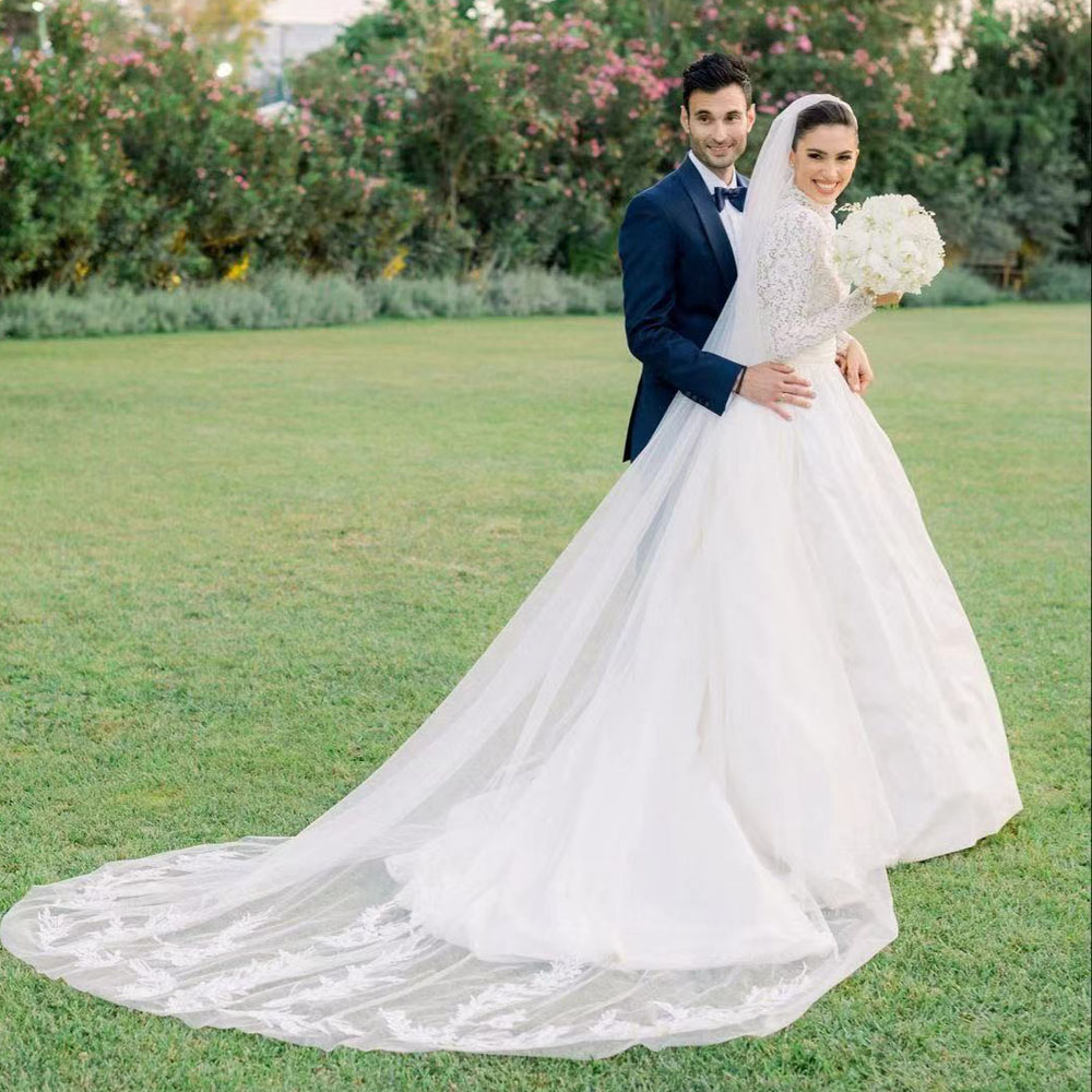 Elegant Lace Top Church A Line Wedding Dresses High Neck Long Sleeve Bridal Gowns Pleat Princess Muslim Wedding Dress