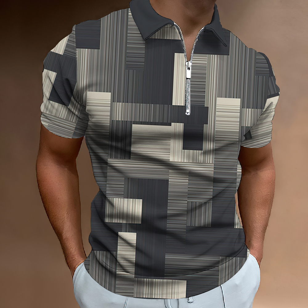 Men's Polos 3d Print Graphic Square Men'S Zip Polo 2023 Caucal Stripes Lapel Shirt Man Simple Golf Short Sleeves Top Men Clothing 230721
