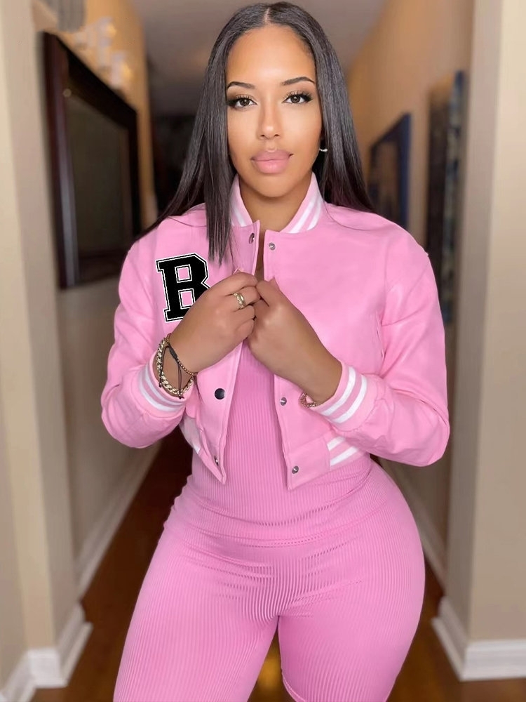 Women's Jackets Women Letter B Single Breasted PU Faux Leather Short Coat Lady Full Sleeve Jackets Female O-Neck Button Down Slim Fit Streetwear 