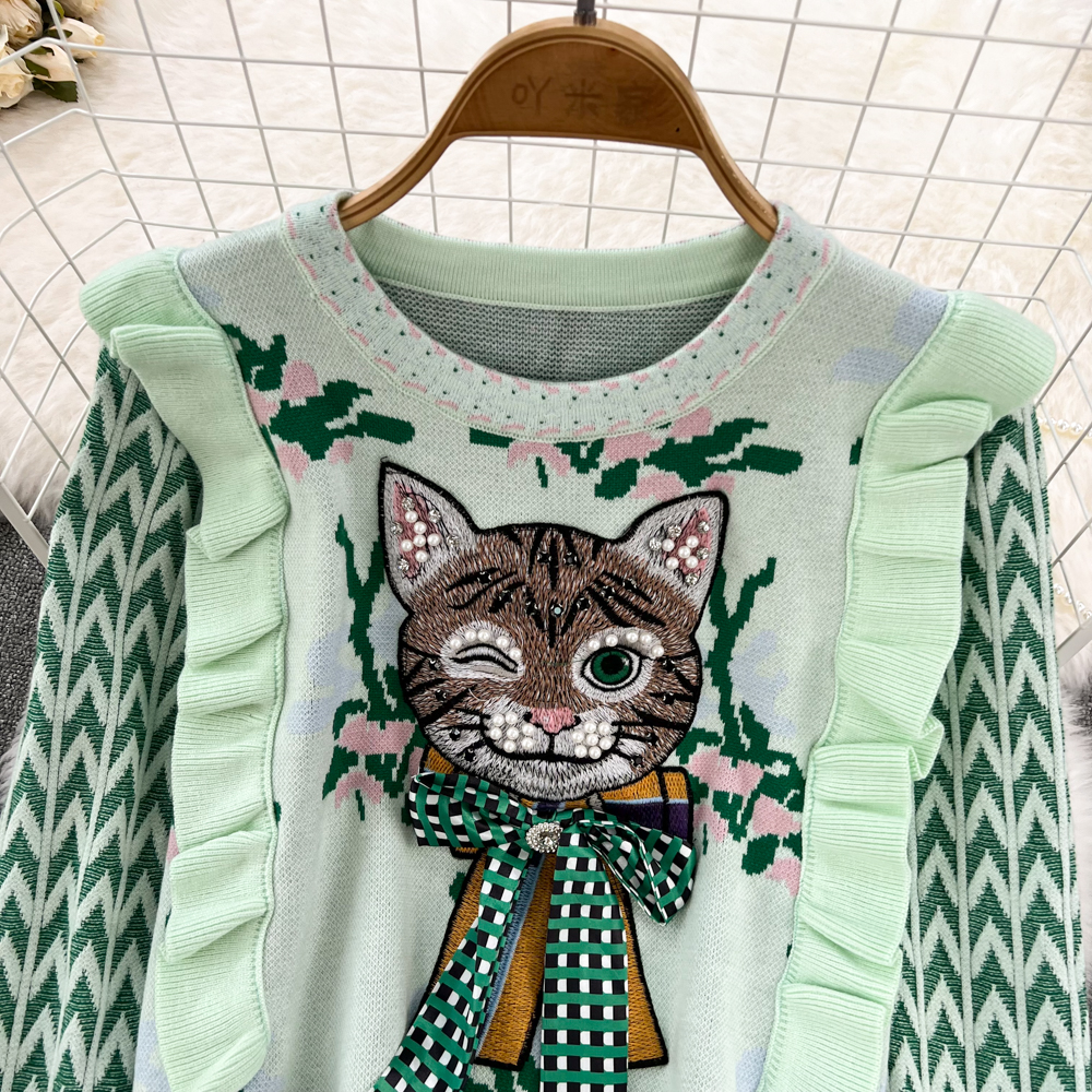 Women's Sweaters Harajuku Diamonds Beaded Cat Bow Embroidery Sweater Women's Ruffles Flower Jacquard Cartoon Pullover Jumper Crop Tops