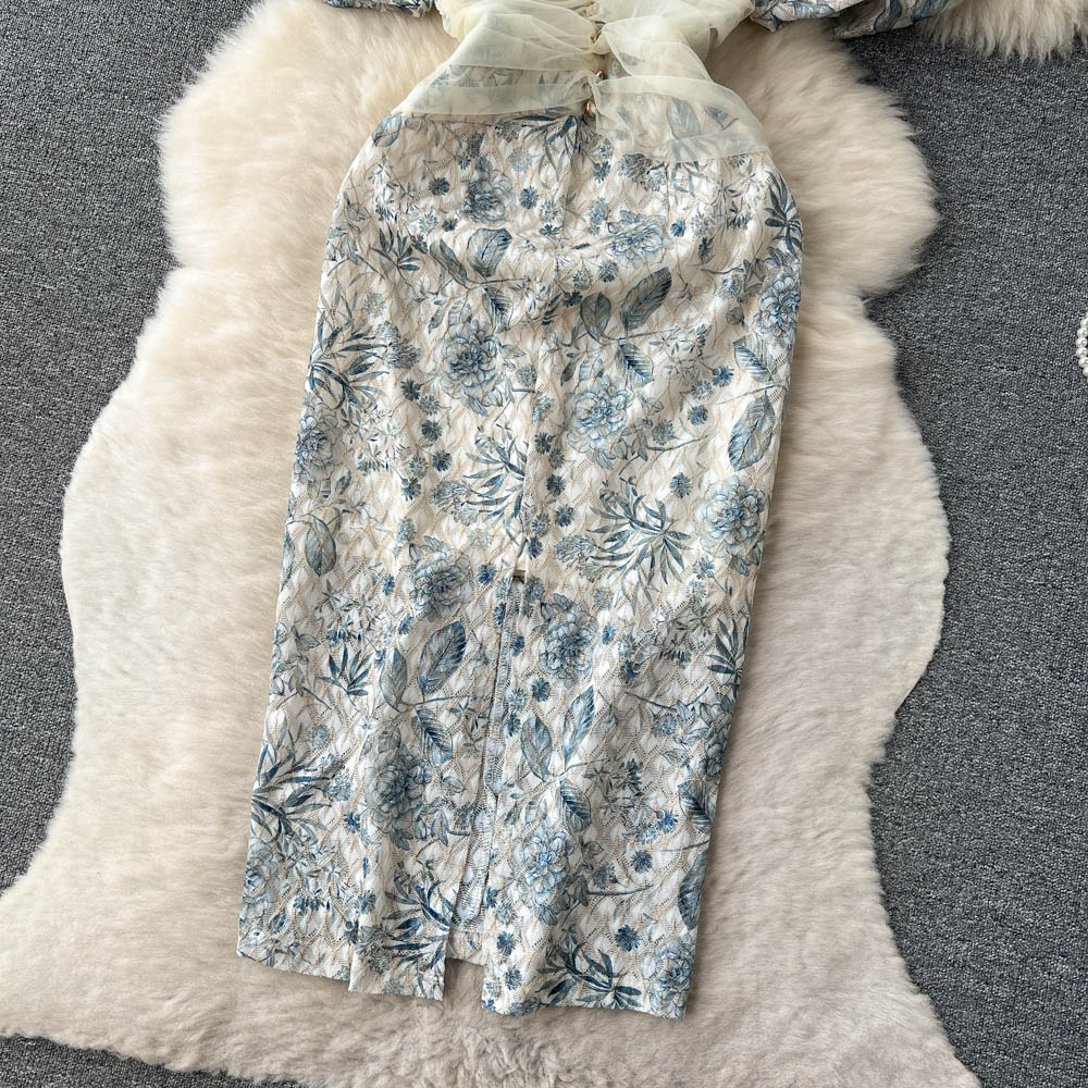 Basic Casual Dresses Women Embroidery Dress Festa High Quality Long Blue Wedding tail Party Robe Designer Lace Splicing Vestidos 2023