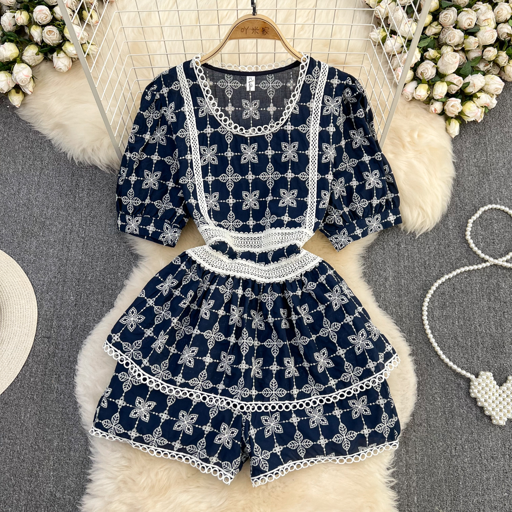Women's Two Piece Pants Summer Vintage Cotton Flower Embroidery Two Piece Set Women Outfits O Neck Puff Sleeve Hollow Out Blouse Top + Wide Leg S