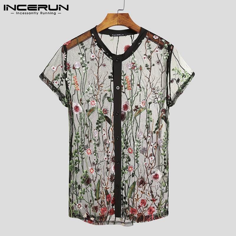 Men's Casual Shirts Fashion Men Mesh Shirts Embroidered Short Sleeve Sexy See Through Tops Button Breathable Party Nightclub Shirts INCERUN 5XL 2