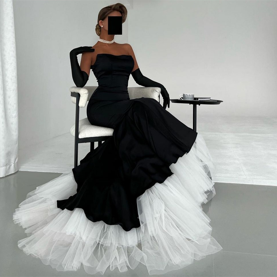 Vintage Long Strapless Satin Evening Dresses With Velvet Gloves Mermaid Black Tulle Pleated Sweep Train Formal Party Dress for Women