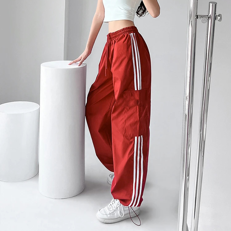 Women's Pants Capris MEXZT Striped Sweatpants Women Hip Hop Streetwear Baggy Wide Leg Cargo Pants Bf Y2K High Waist Drawstring Joggers Trousers 2