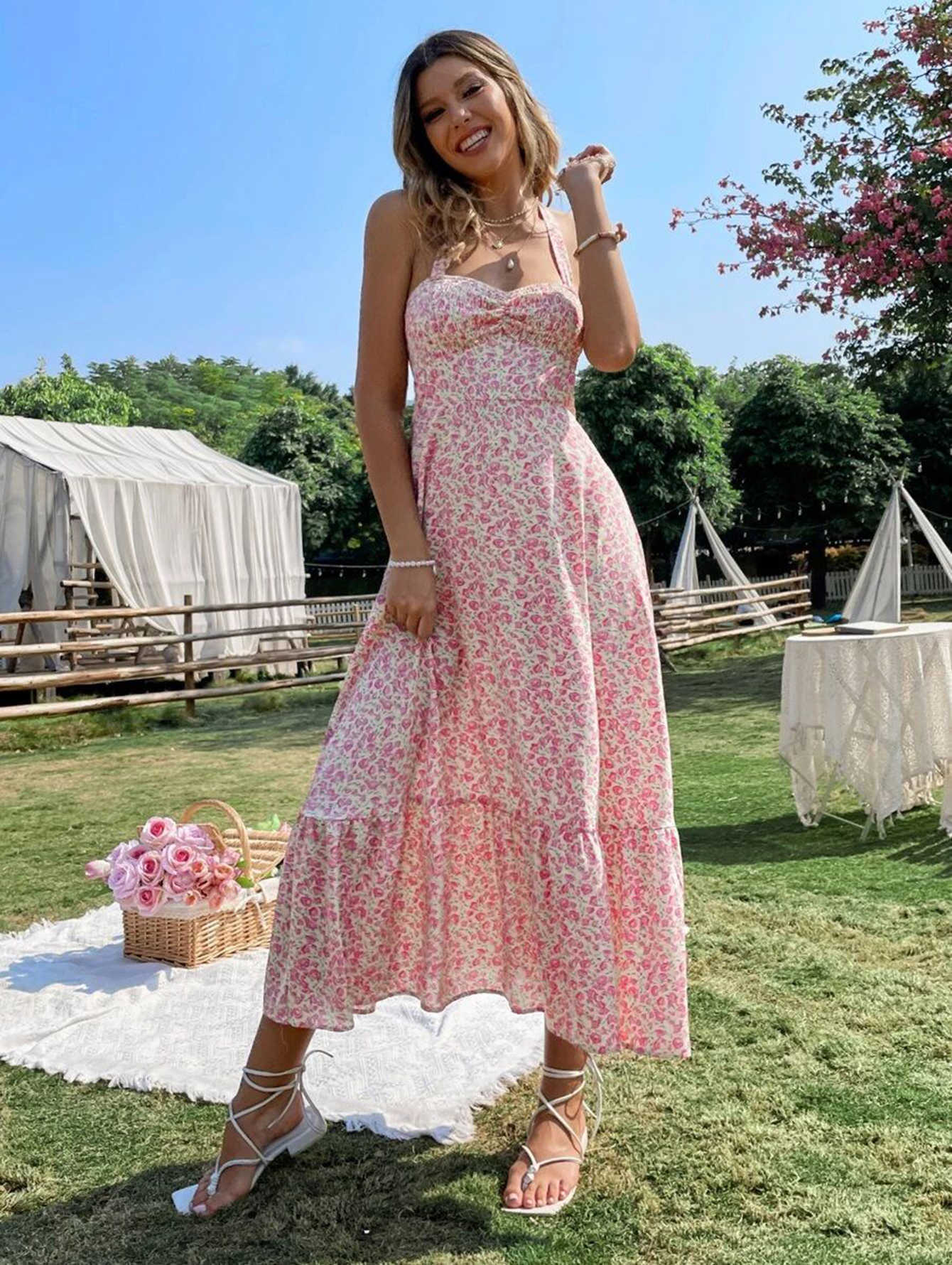 Pastoral Floral Dress Women French Elegant sleeveless Sling Spring and Summer New Sweet Long Dress