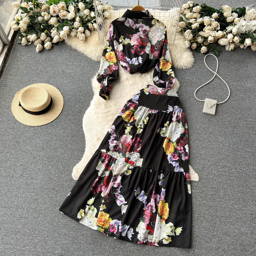 Two Piece Dress Summer Fashion Flower Print Two Piece Sets Women Long Sleeve Single Breasted Rose Shirt Top + Chiffon High Waist Maxi Skirt Suit 2023
