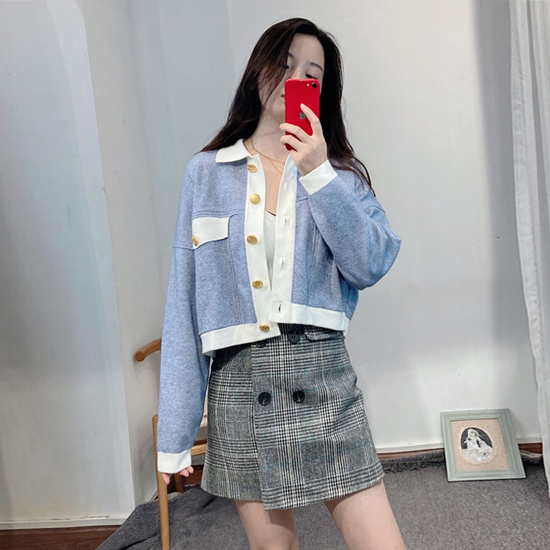 Women's Jackets s-andro age reduction blue and white embossed button knitted cardigan
