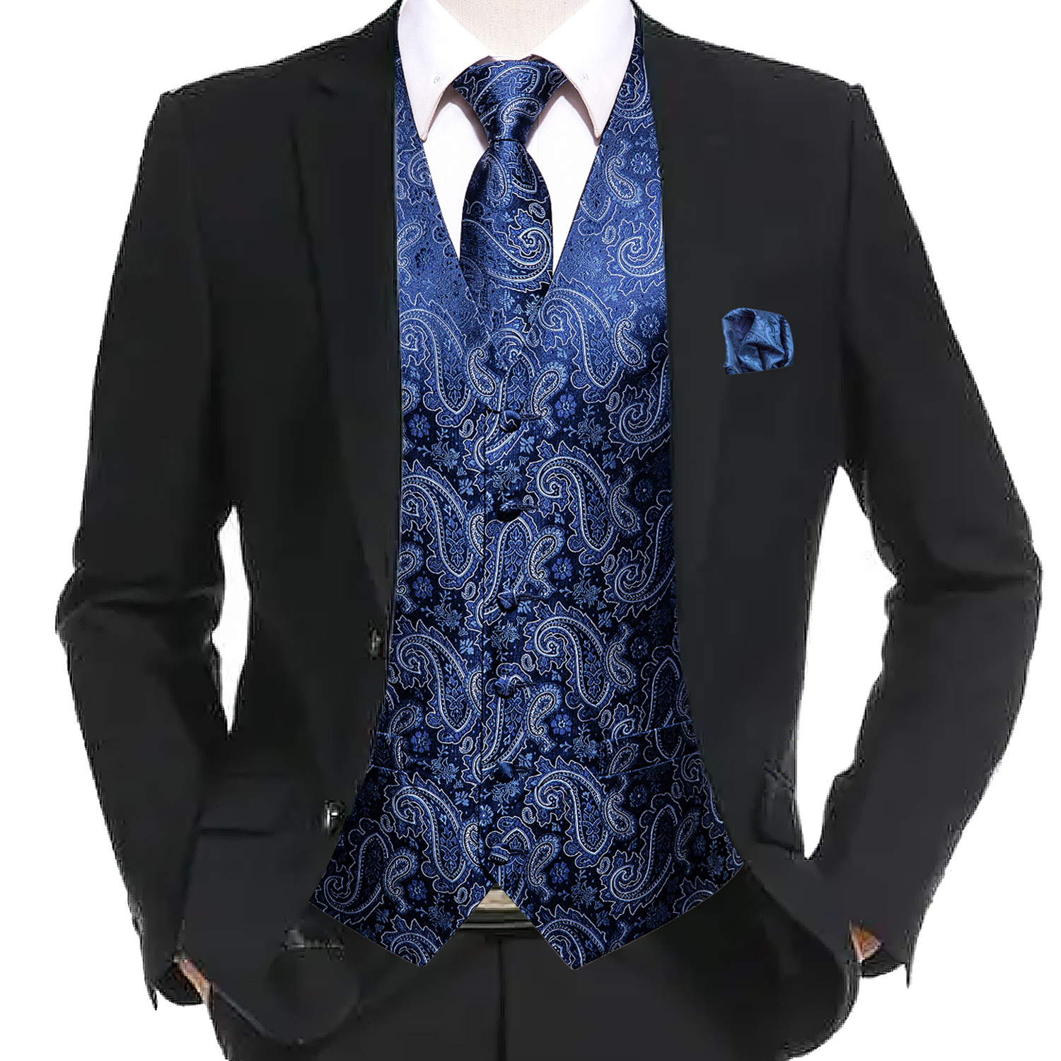 Men's Suits Blazers Hi-Tie 20 Color Silk Men's Vests Tie Business Formal Dress Slim Sleeveless Jacket 4PC Hanky Cufflink Blue Paisley Suit W