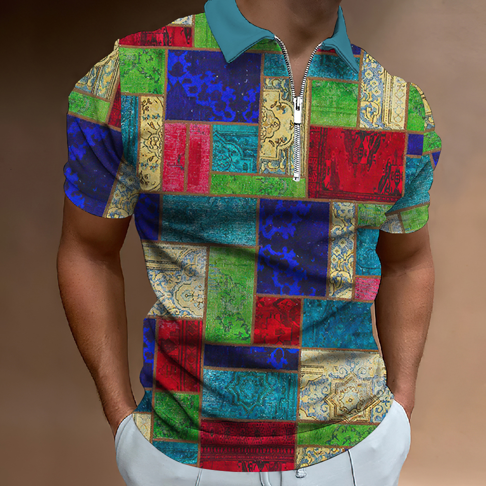 Men's Polos 3d Print Graphic Square Men'S Zip Polo 2023 Caucal Stripes Lapel Shirt Man Simple Golf Short Sleeves Top Men Clothing 230721